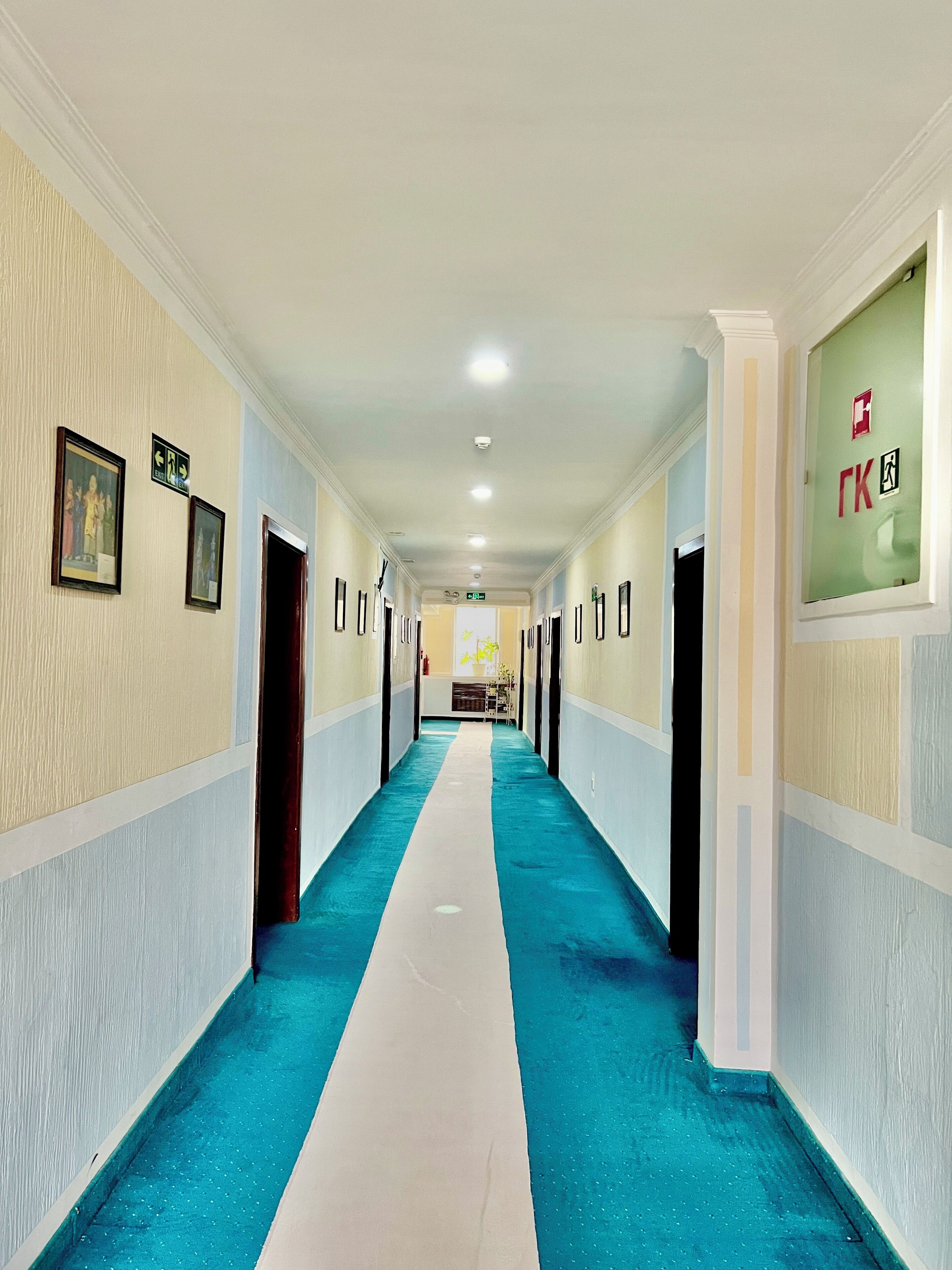 A long hallway with a blue carpet, white walls, and doors on both sides.