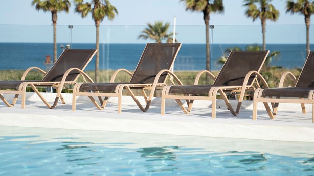 Area piscina con lettini e palme.