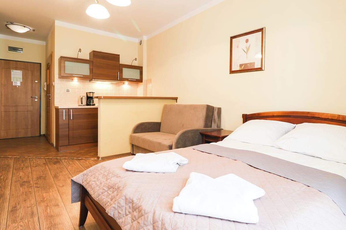 Suite estudio económica, 1 cama Queen size y sofá cama | 1 habitación, decoración personalizada y muebles diferentes