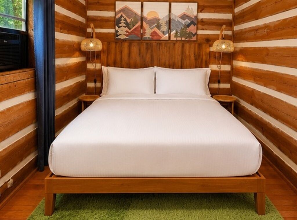 A wooden cabin-style bedroom with a bed, two bedside lamps, and a window with curtains.