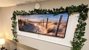 Un televisor de pared con una escena de playa, rodeado de hiedra.