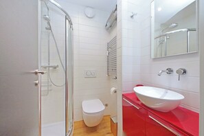 Shower, hair dryer, bidet, towels