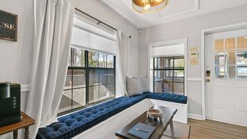 TV, fireplace, books, offices