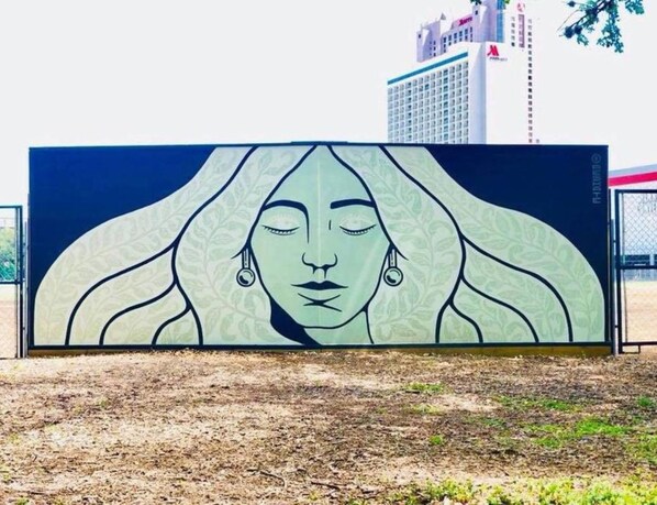 A large outdoor mural with a woman's face, surrounded by a fence. - Cozy and Gorgeous 2br/1ba Near Amazing Downtown (San Antonio)