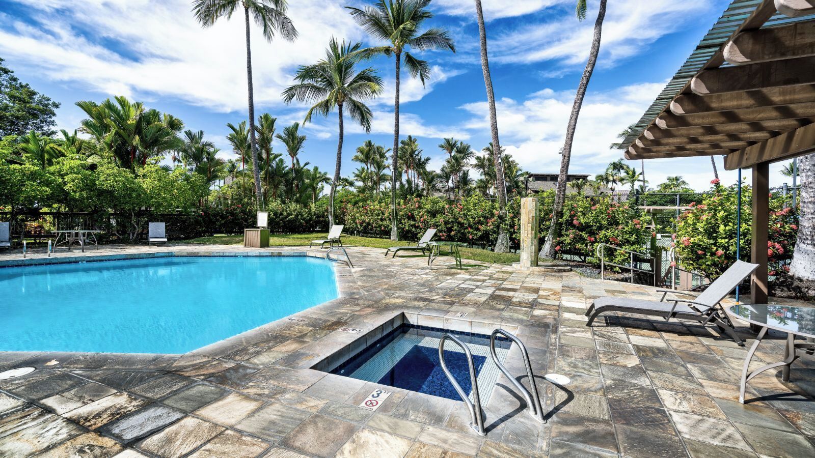 A swimming pool with lounge chairs and palm trees.