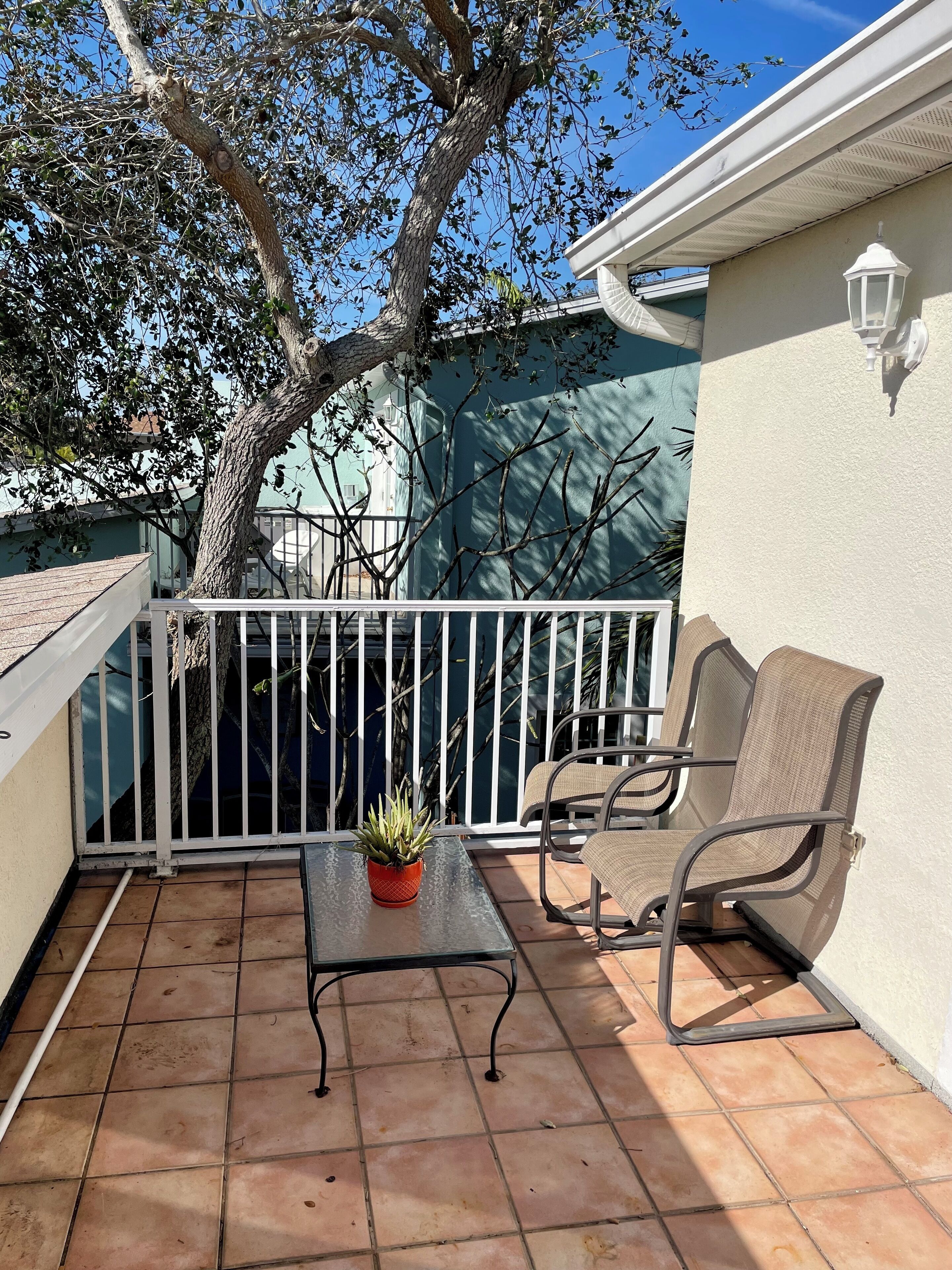 A balcony with a table and chairs, a potted plant, and a white railing.