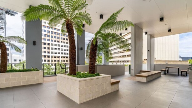 A modern indoor space with large windows, palm trees, and a seating area with a table and chairs.