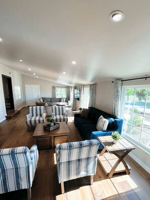 Smart TV, fireplace, books, video library