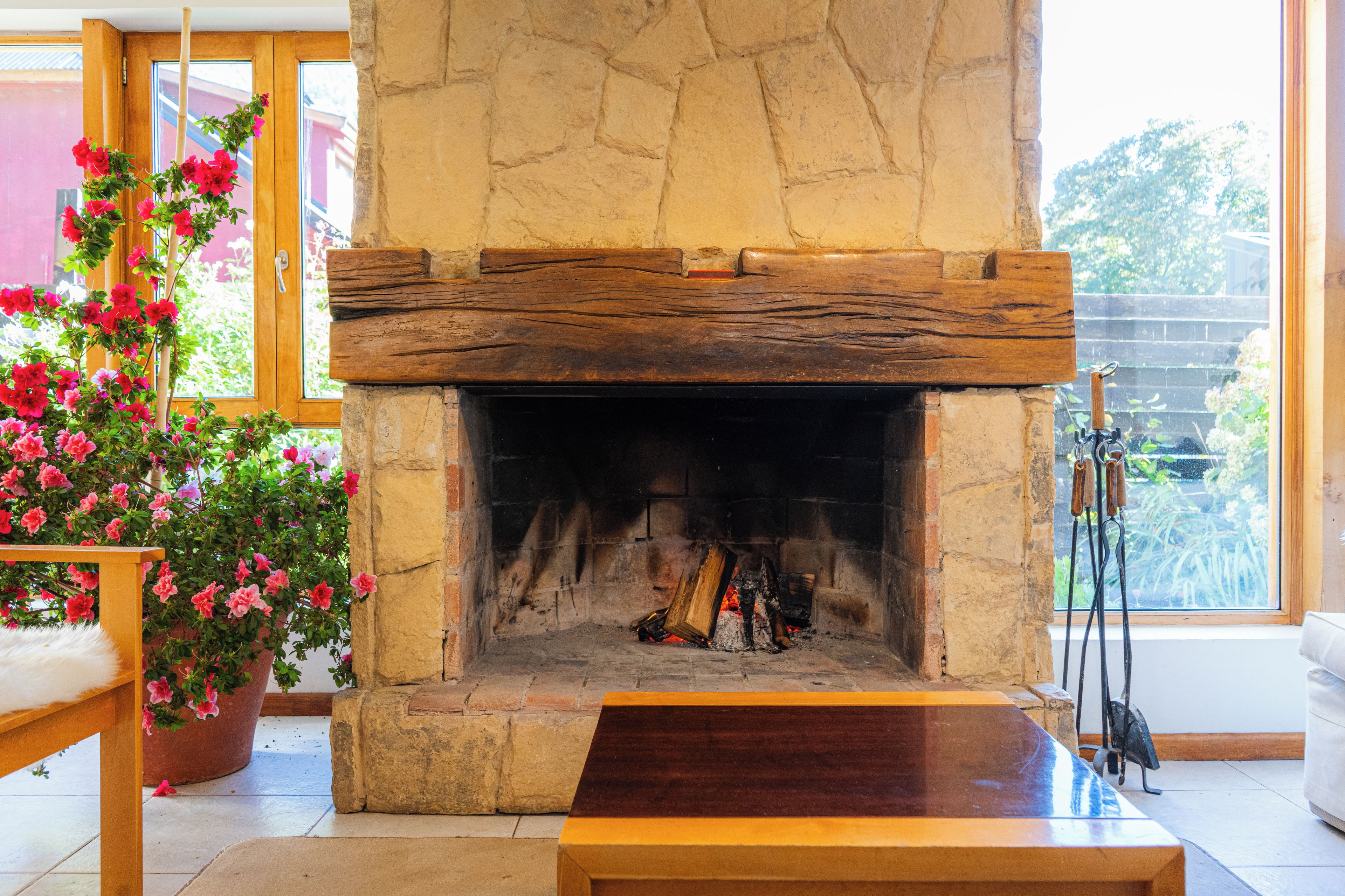 A stone fireplace with a wooden mantel, a fire burning inside, and a potted plant with pink flowers to the left.