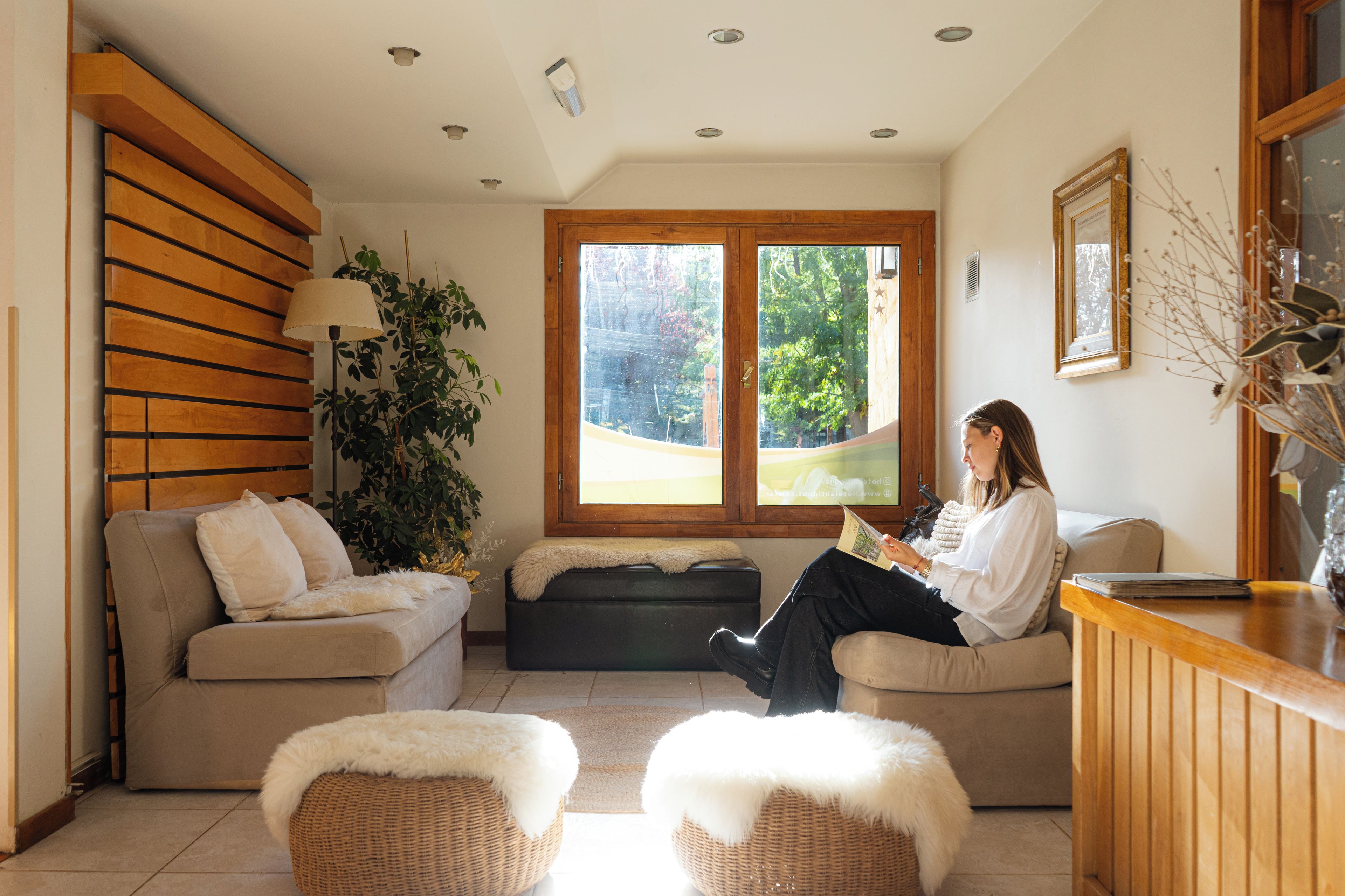 A living room with a sofa, two poufs, a lamp, a window with a view of trees, and a wooden wall.