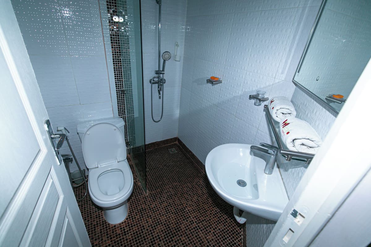 Une salle de bain comprenant des toilettes, un lavabo et une douche.