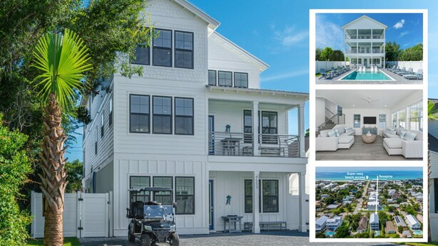 A two-story white house with a balcony, a pool, and a view of the beach. - Seaspray: Pool! Sleeps 26! Beach access! (Destin)