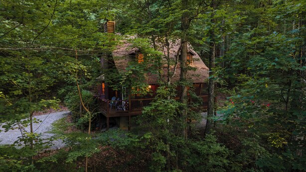 Una cabaña de madera rodeada de un bosque frondoso.