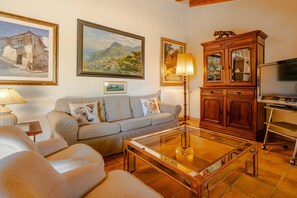 Télévision, cheminée, chaîne hi-fi