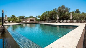 Ein rechteckiger Pool mit klarem, blauem Wasser, umgeben von Liegestühlen und Sonnenschirmen, mit einer Steinmauer und Bäumen im Hintergrund.