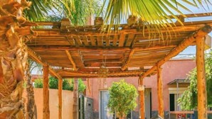 A covered outdoor area with a grill, benches, and a small tree. - Magnifique Villa Riad Marrakech Route Ourika (Marrakesh)