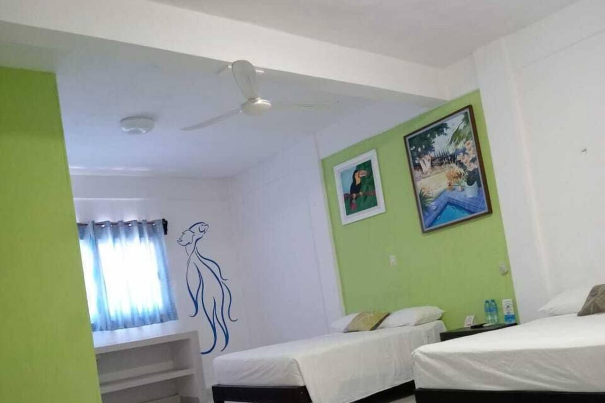 Ένα δωμάτιο με δύο μονά κρεβάτια, έναν ανεμιστήρα οροφής, ένα παράθυρο με κουρτίνες και έναν τοίχο με έναν πίνακα.