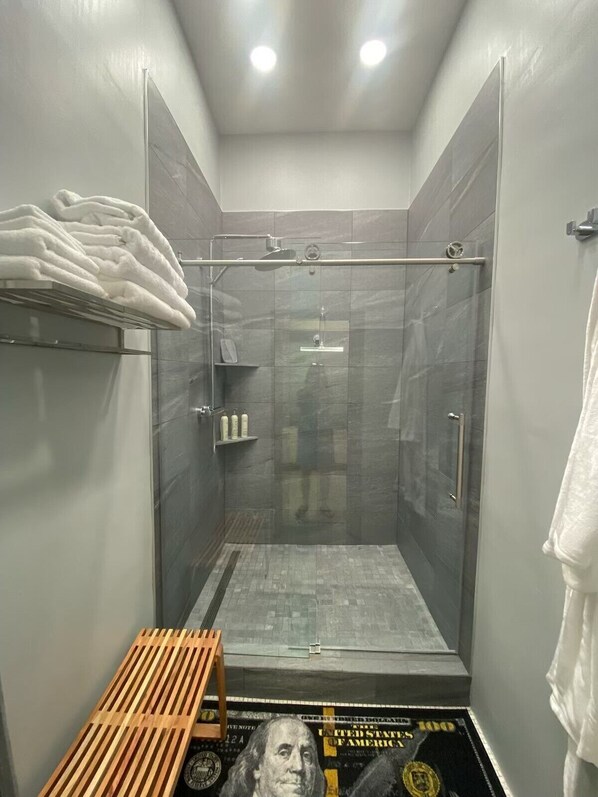 Een douche, een haardroger, een bidet, handdoeken