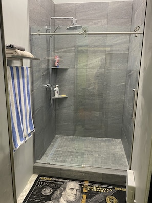 Shower, hair dryer, bidet, towels