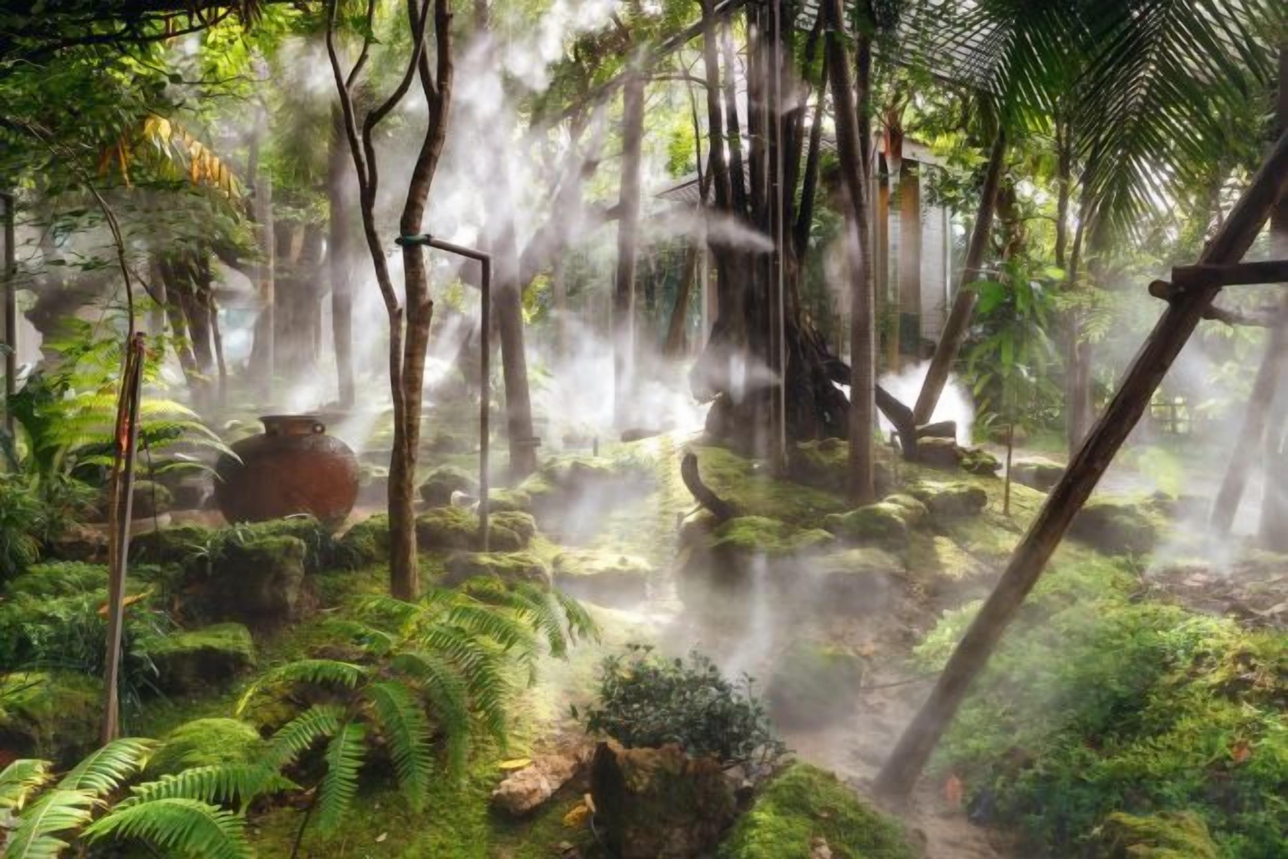 Une scène de forêt luxuriante, enveloppée d’une brume, avec un grand pot et une structure en bois.