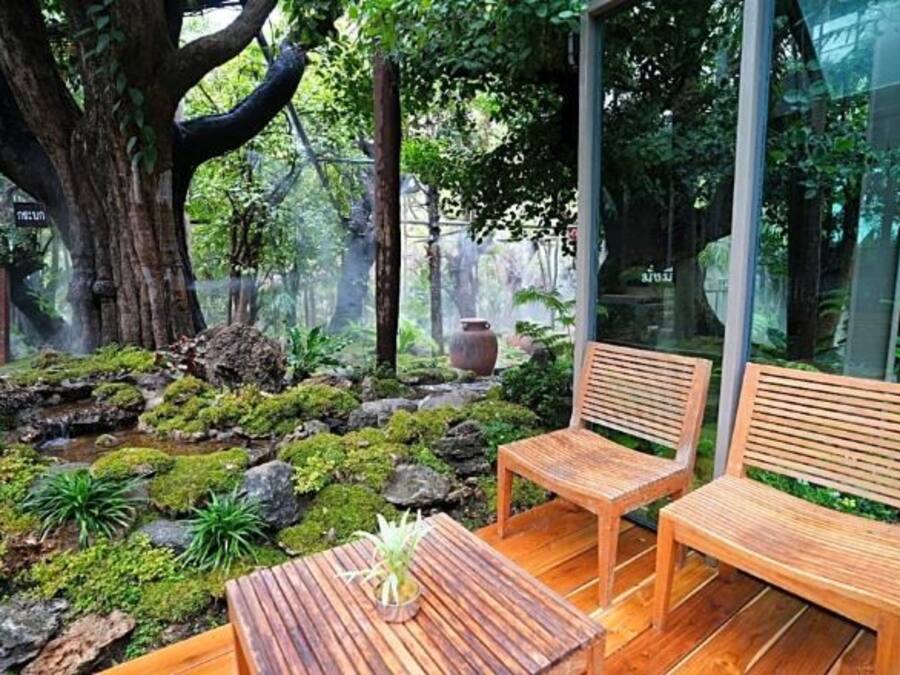 Ein Holz-Bänkchen und Tisch in einem Garten mit einem großen Baum und einem kleinen Wasserfall.
