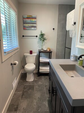 Shower, hair dryer, towels, soap