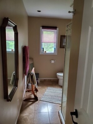 Un baño con inodoro, una ventana con persiana, toallero y espejo.