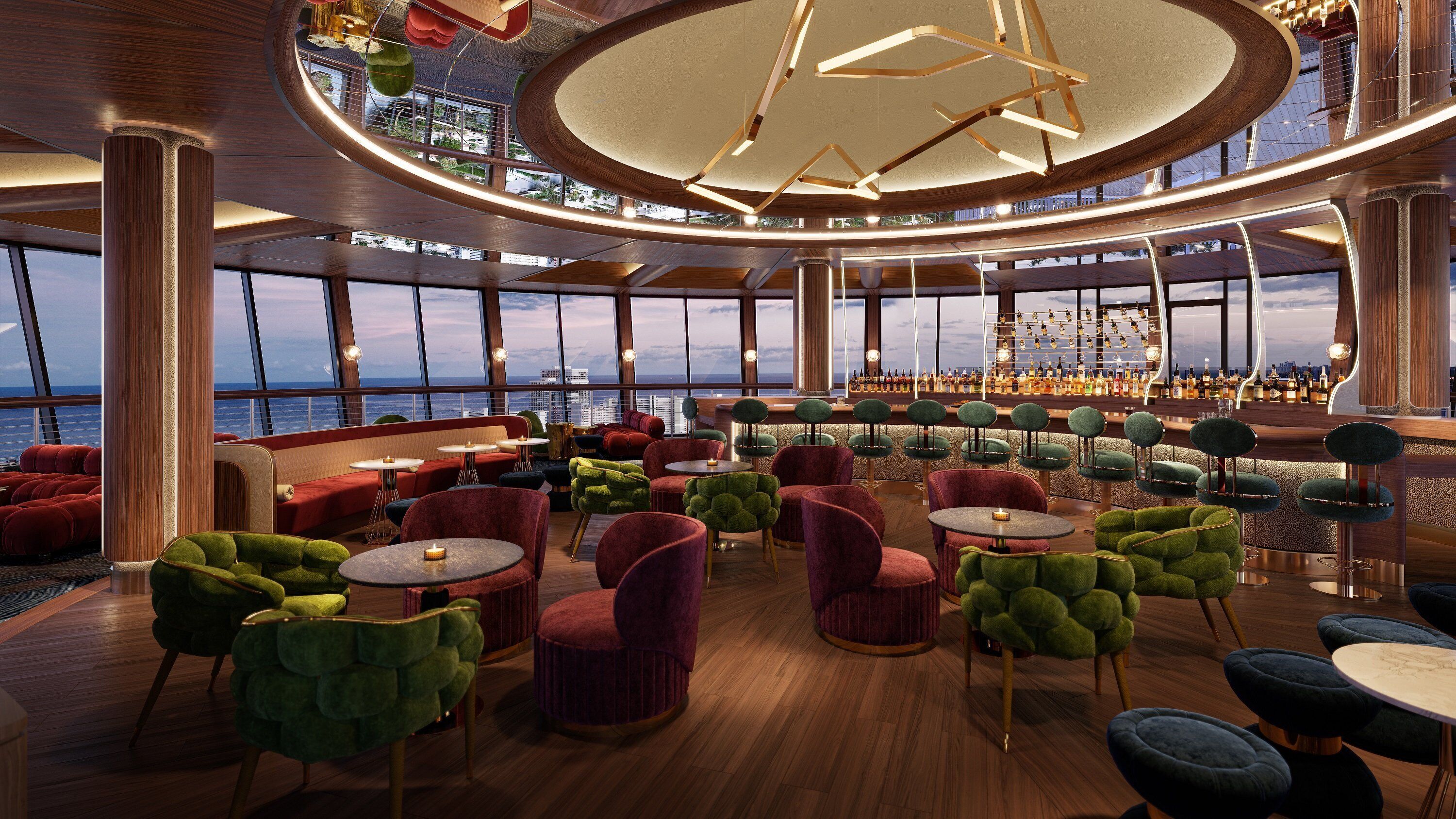 Un amplio salón con diversas opciones de asiento, un bar con una variedad de botellas y ventanas grandes que ofrecen vistas del horizonte de la ciudad.