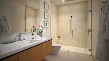 A modern bathroom with a large mirror, wooden vanity, a shower, and a toilet.