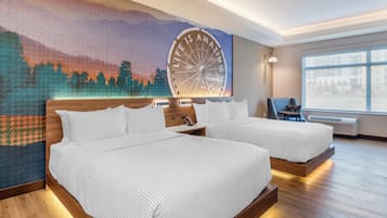 Premium bedding, desk, laptop workspace, blackout curtains