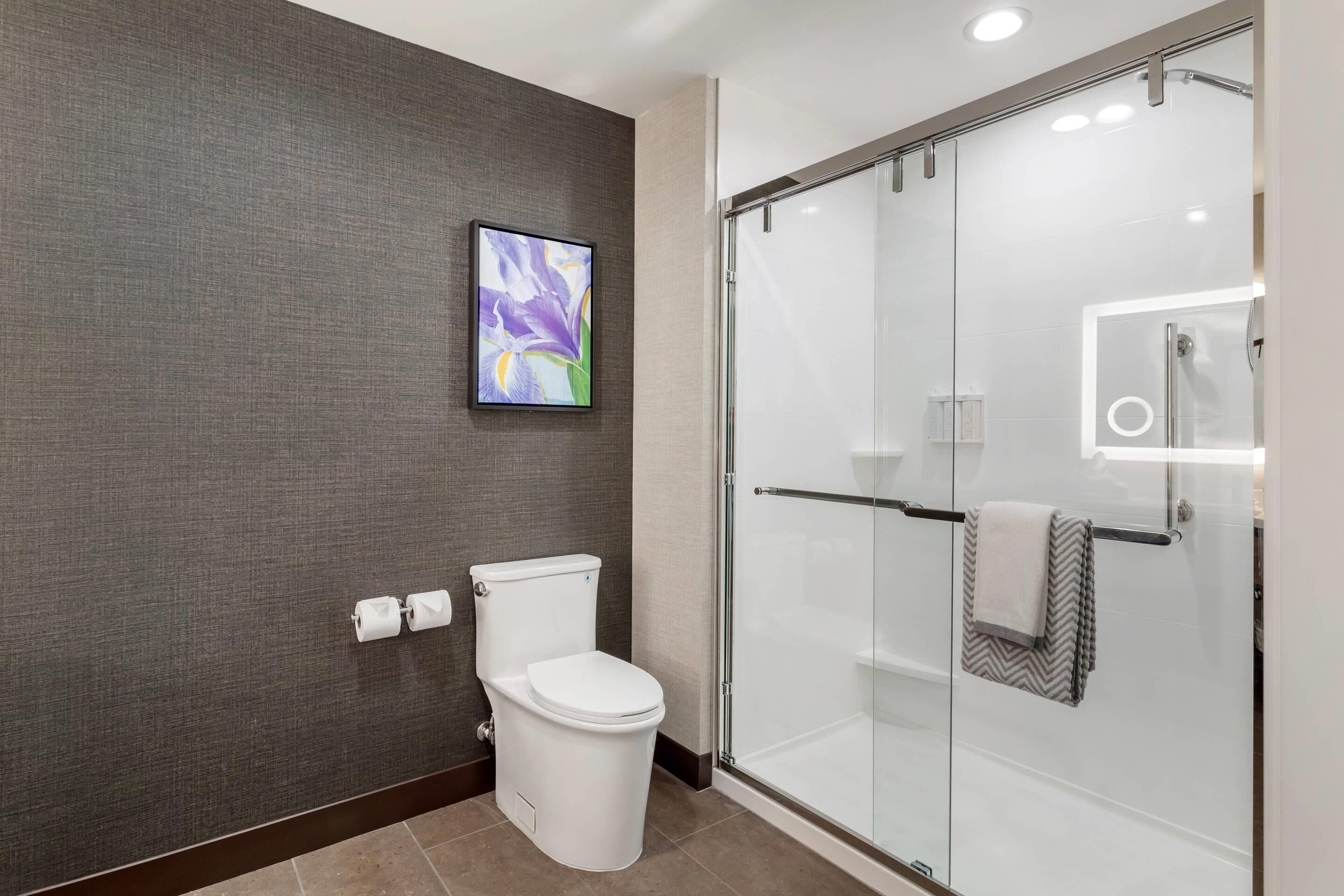 A modern bathroom with a glass shower enclosure, a toilet, and a wall-mounted sink.