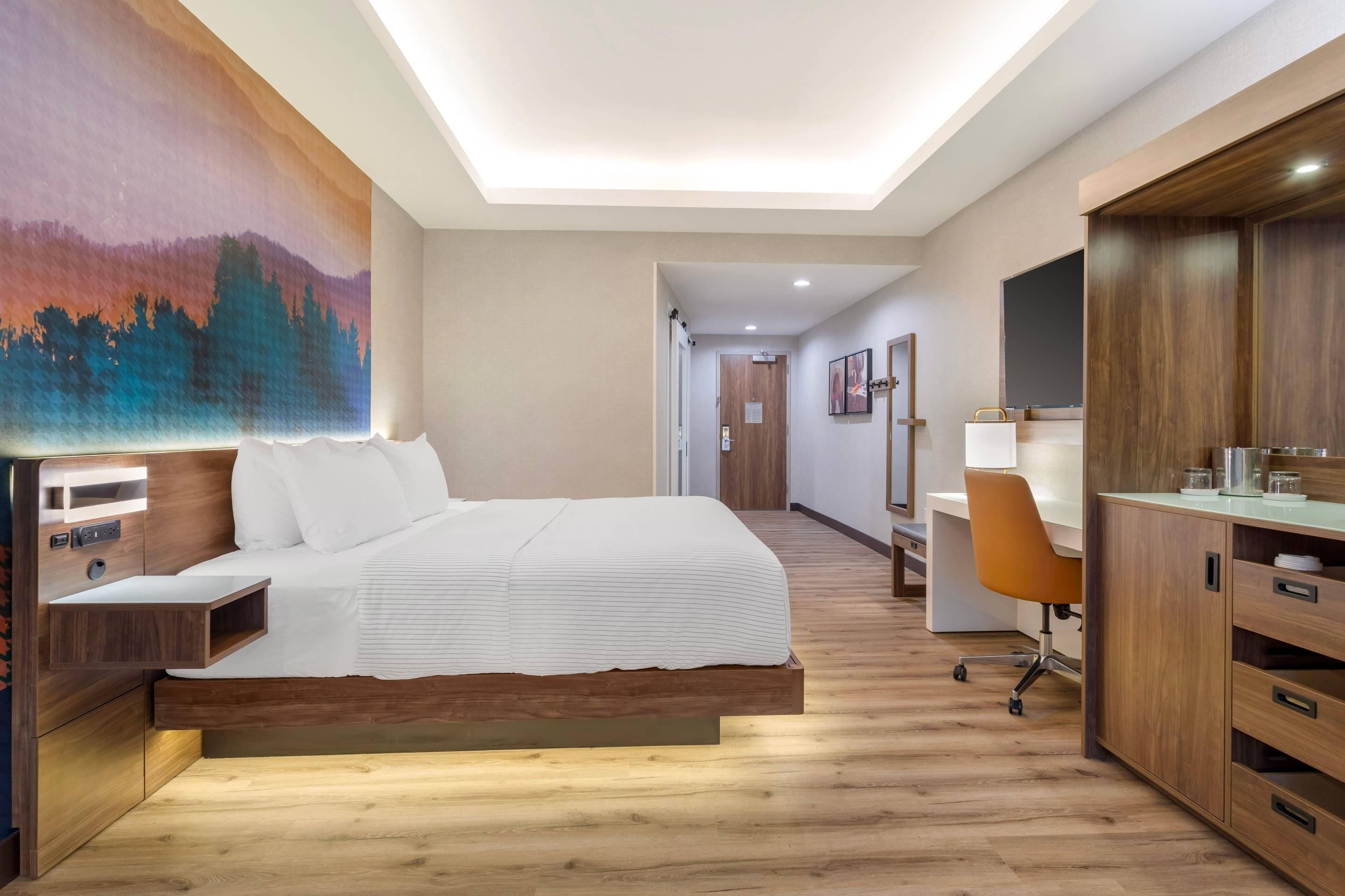 Una camera d'albergo moderna con un letto di legno, una scrivania e una sedia. Al muro, un quadro e un armadio in legno.