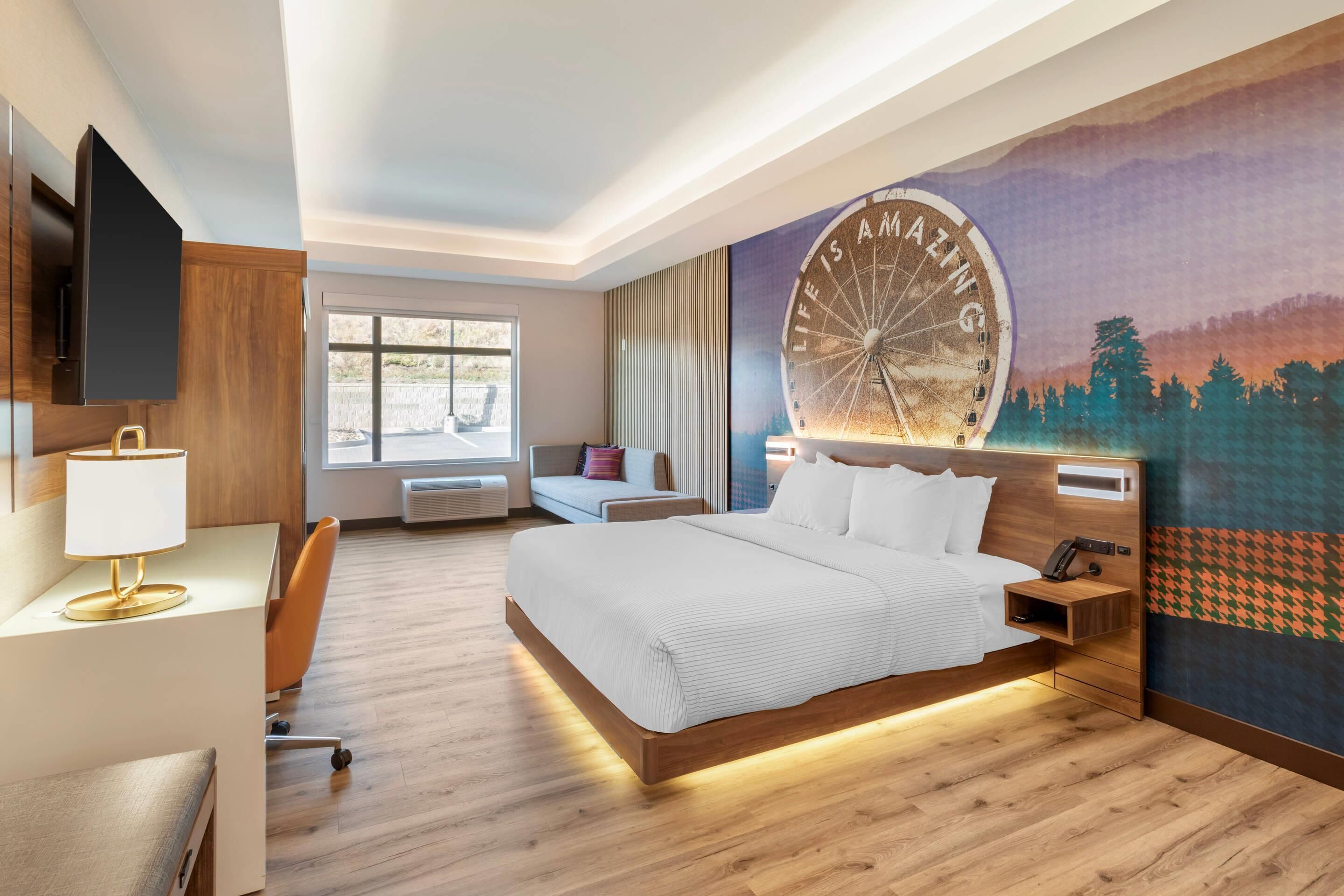 Premium bedding, pillowtop beds, desk, laptop workspace