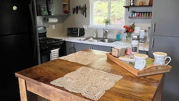 Coffee/tea maker, fridge, microwave, oven