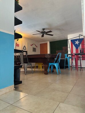 A dining area with a ceiling fan, a flag, and a 'No Smoking' sign.