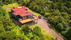 A modern house with a red roof, surrounded by lush greenery and a paved driveway.