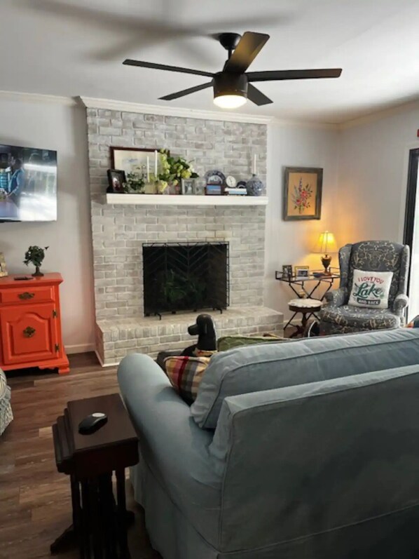 TV, fireplace, books