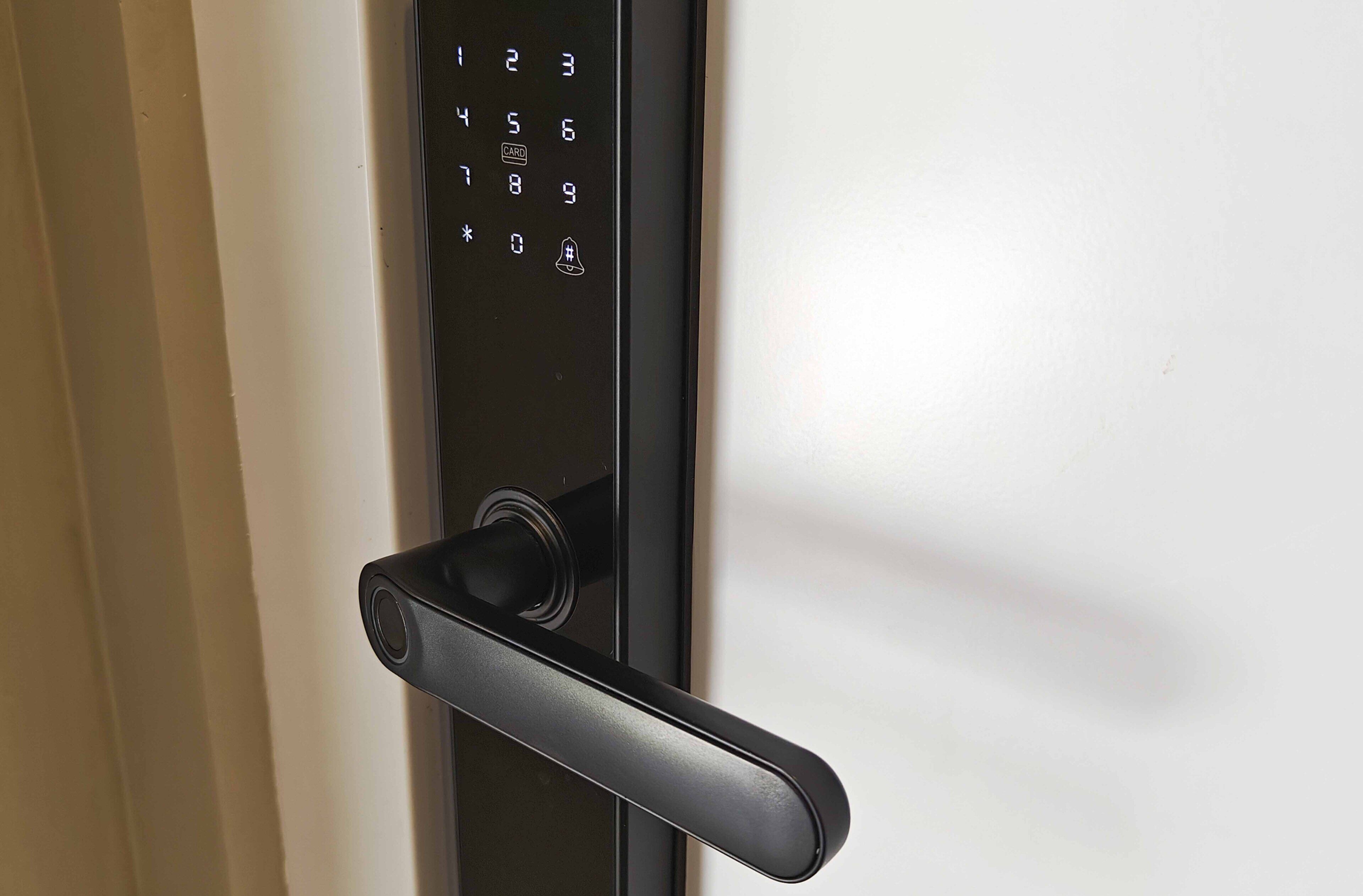 A door with a numeric keypad and a lever handle.