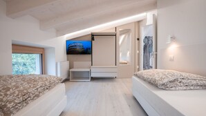 A modern bedroom with two beds, a TV, and a large window.