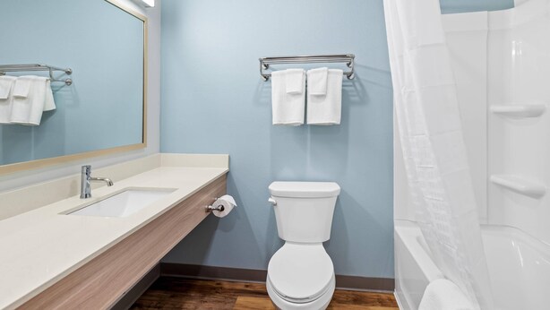 Baño con lavamanos, inodoro y ducha.