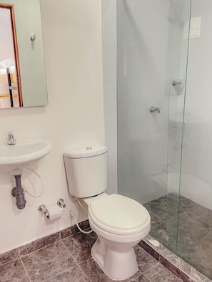 Basic Quadruple Room | Bathroom | Shower, towels, soap, toilet paper - Casa Cándido (Neiva)