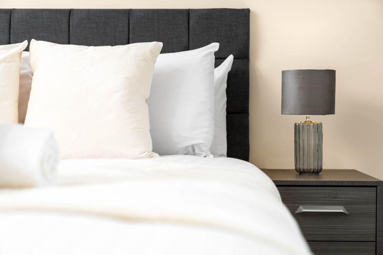 A neatly made bed with white bedding and pillows, a dark headboard, and a bedside table with a lamp.