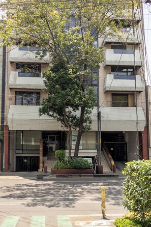 A multi-story building with a central staircase, a tree in front, and a pedestrian crossing.