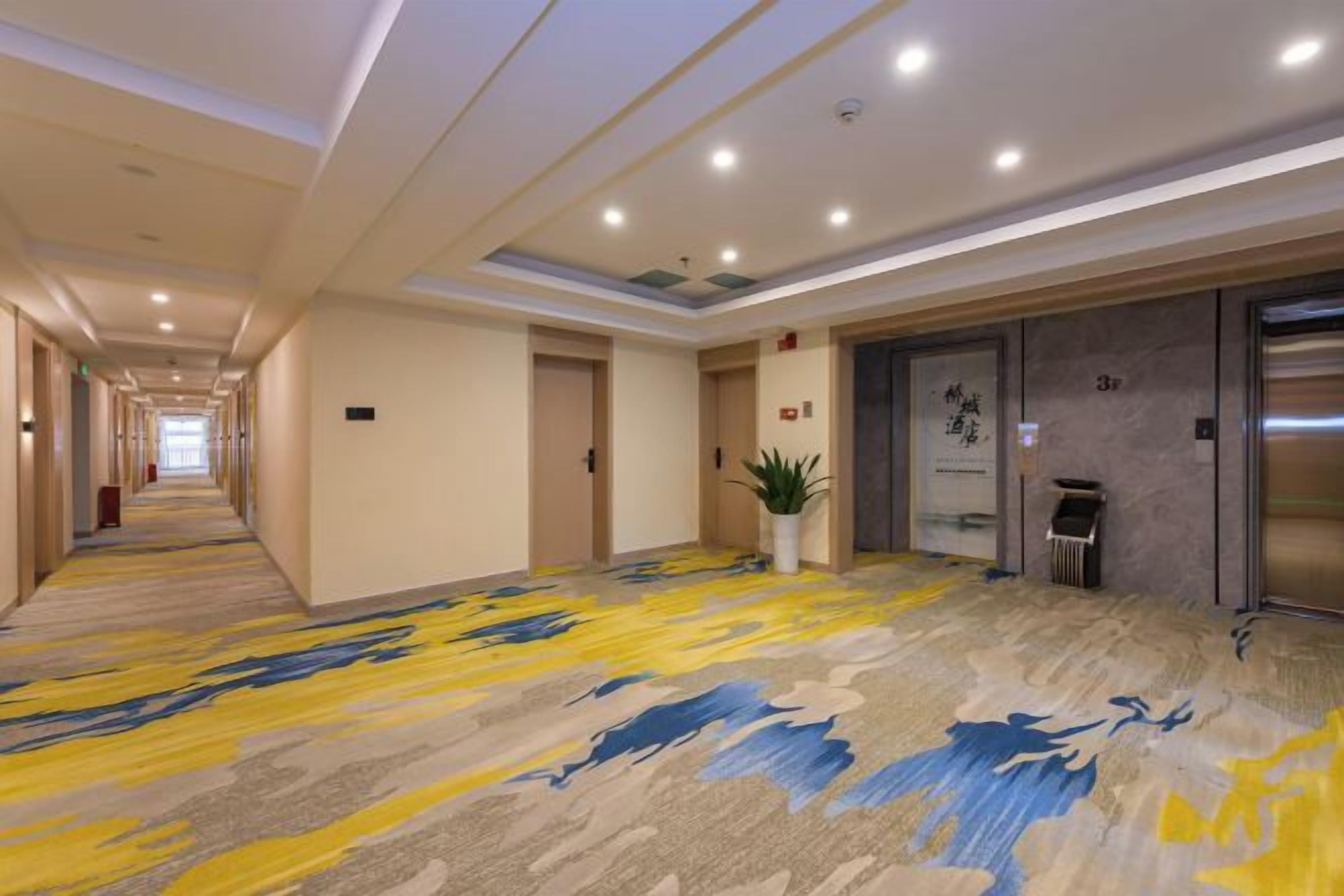 A hotel corridor with a patterned carpet, a potted plant, an elevator, and a trash bin.
