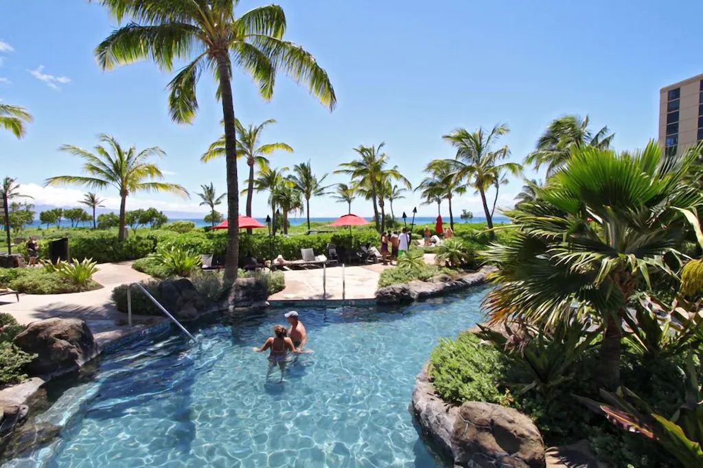 A swimming pool surrounded by palm trees and a view of the ocean.