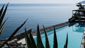 A pool with a view of the sea, surrounded by rocks and agave plants.