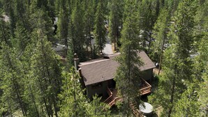 A cabin surrounded by dense forest, with a clear view of distant mountains. - Private Home with Hot Tub in Keystone (Dillon)