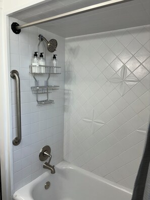 Hair dryer, towels, soap, shampoo