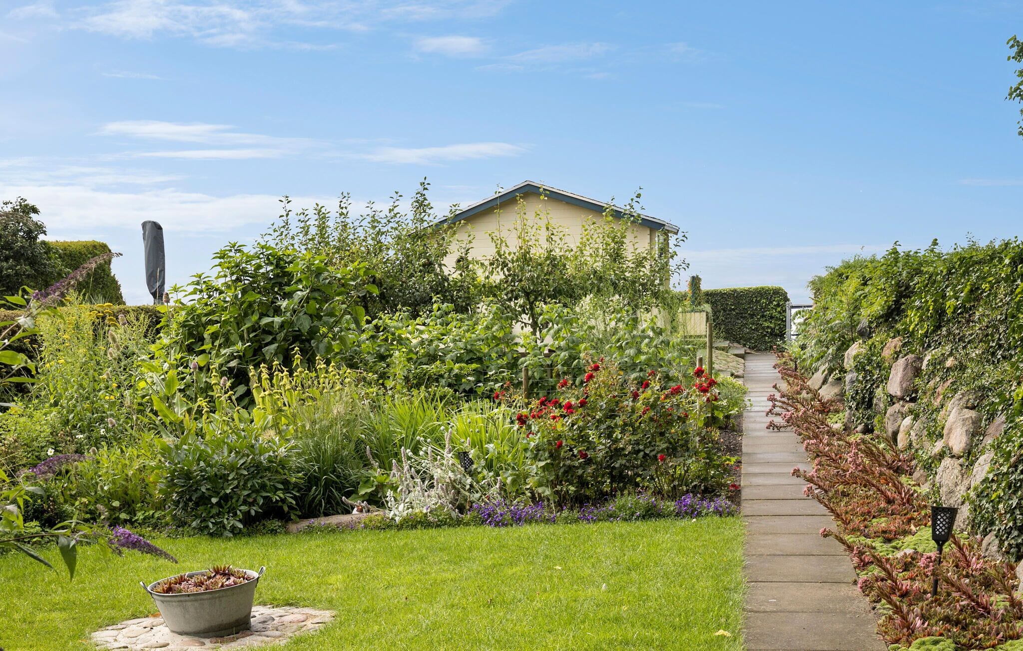 Ein Gartenweg führt zu einem Haus, umgeben von üppiger Vegetation und verschiedenen Pflanzen.