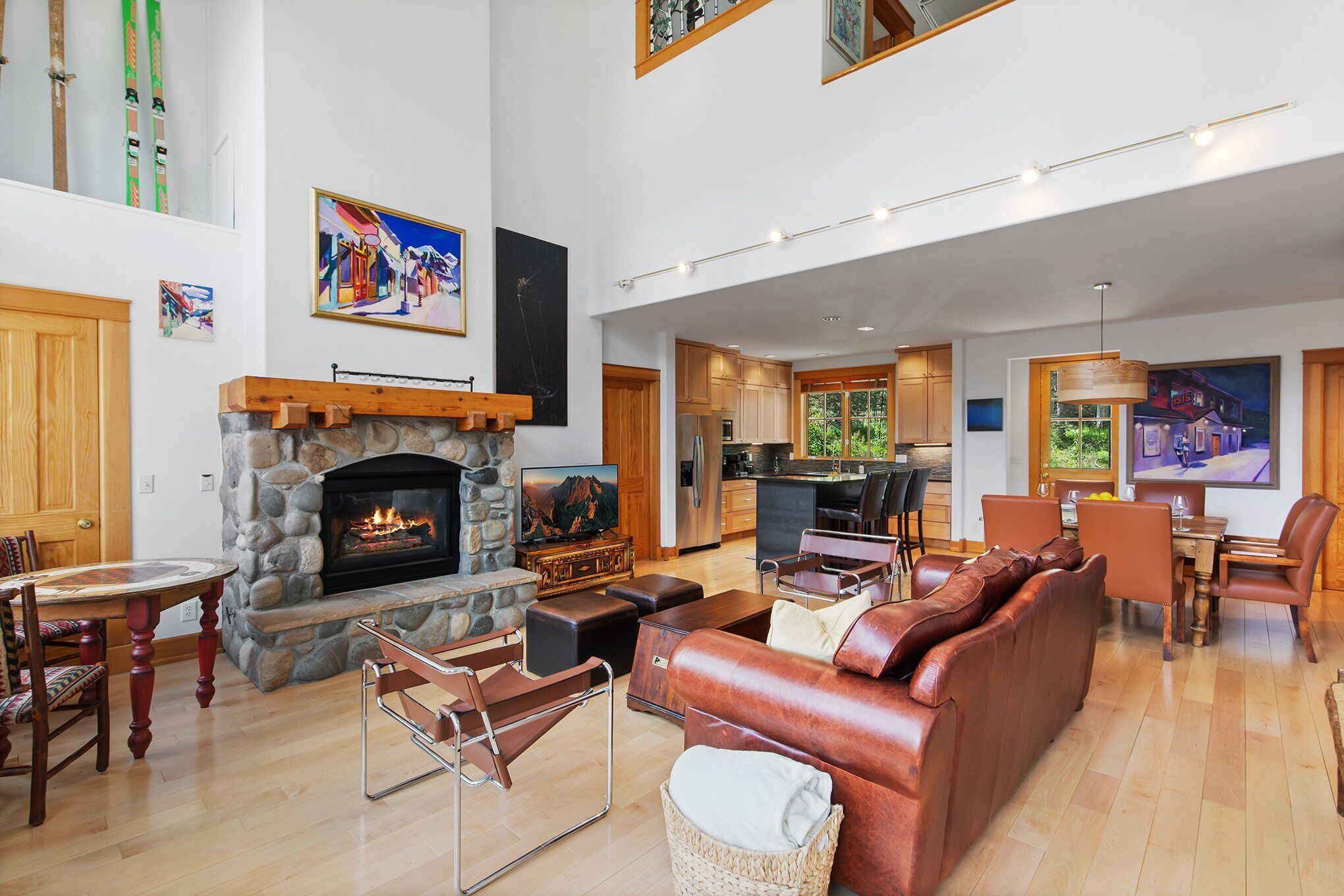 TV, fireplace, books